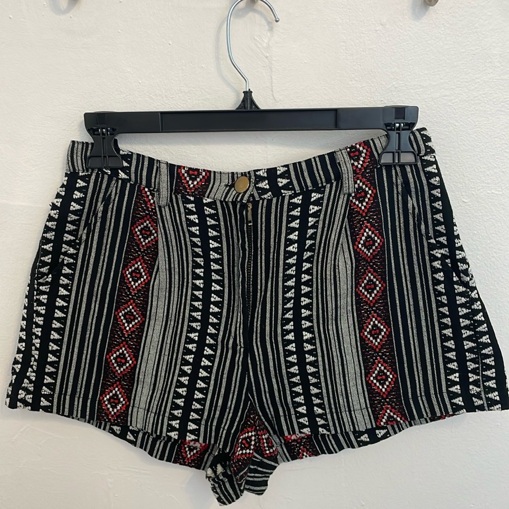 Angie Black, White, and Red Aztec Polyester Shorts (S)